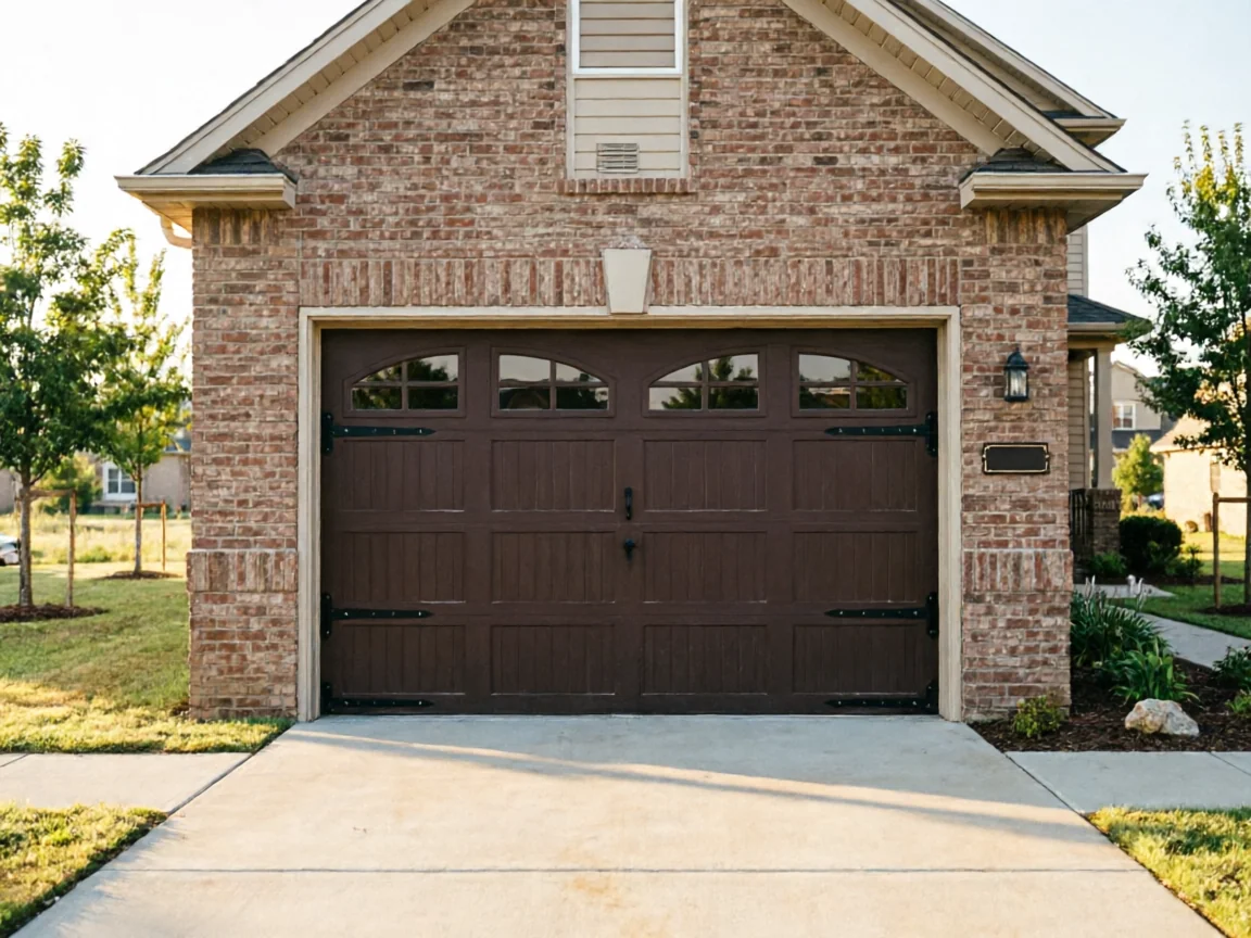 A brown garage door with windows is on a brick house.