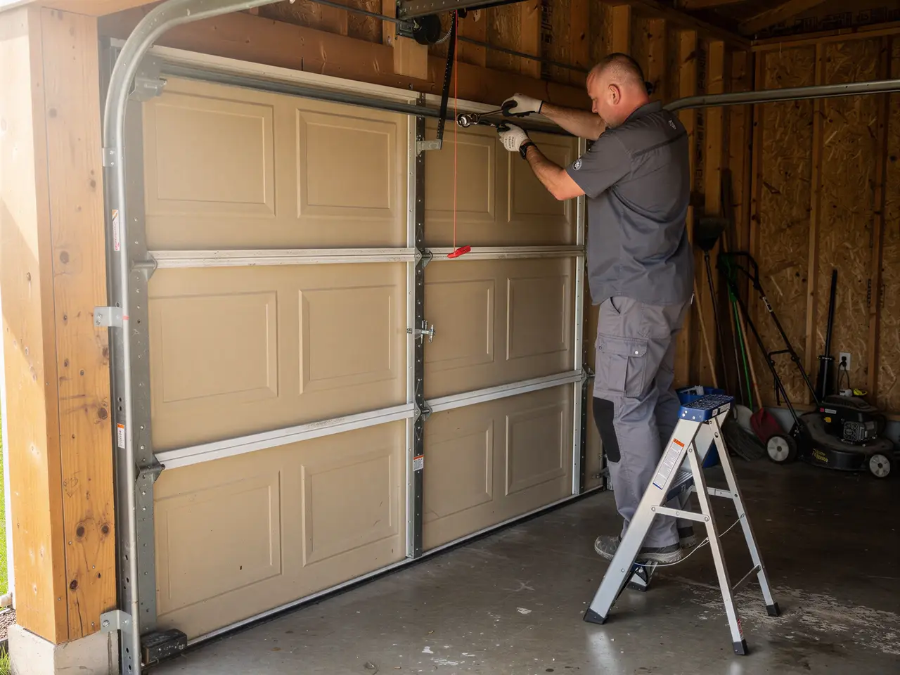 A technician on a stepladder is working on a tan garage door.