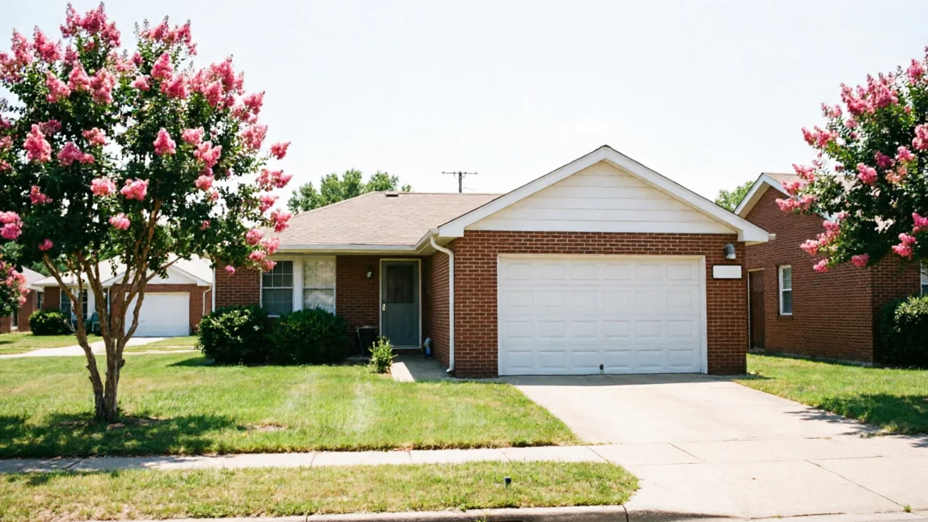 A brick house with a white garage door and a green lawn.