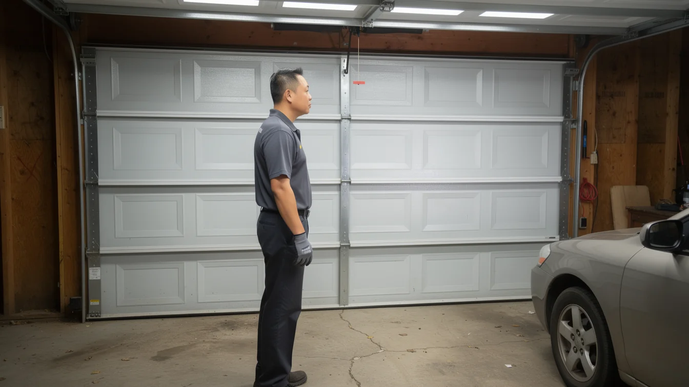 A technician stands in front of a white garage door with a car parked nearby.